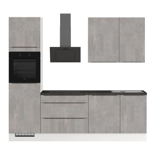 Moderne Küchenzeile in Beton-Optik Natur, 260 cm breit, mit E-Geräten und Edelstahlspüle.