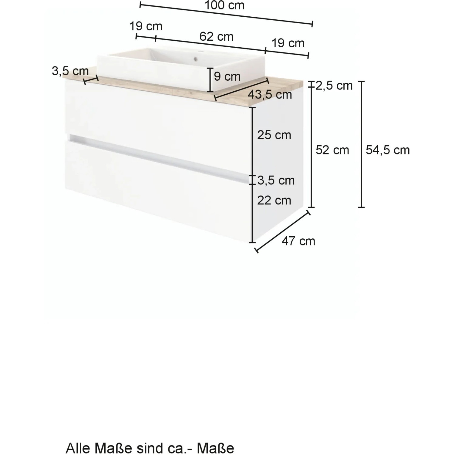 Held Möbel Einzelwaschtisch Ferrara 100 cm, Grau Matt, mit Maßangaben.