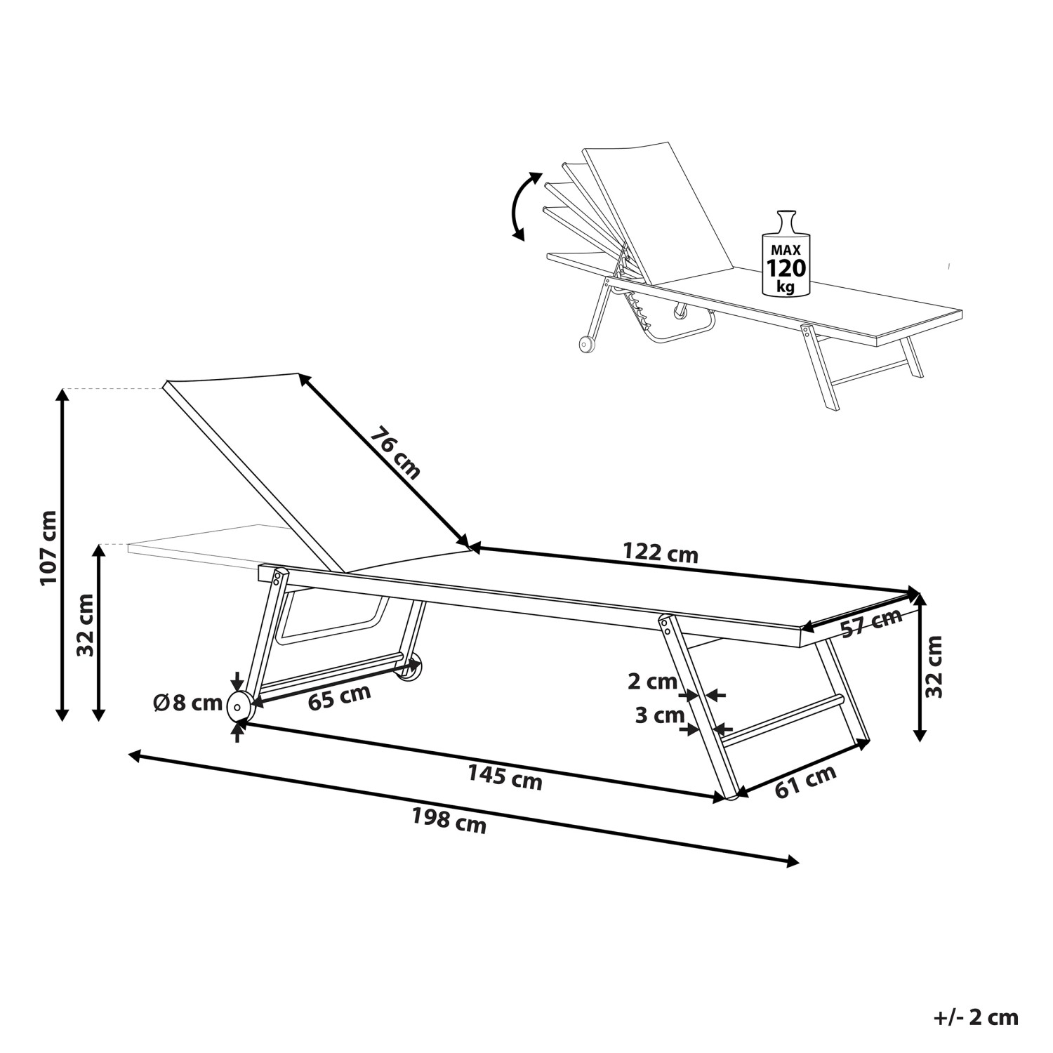 Technische Zeichnung der roten Beliani Gartenliege (65x198x107 cm) mit verstellbarer Rückenlehne und Rollen.