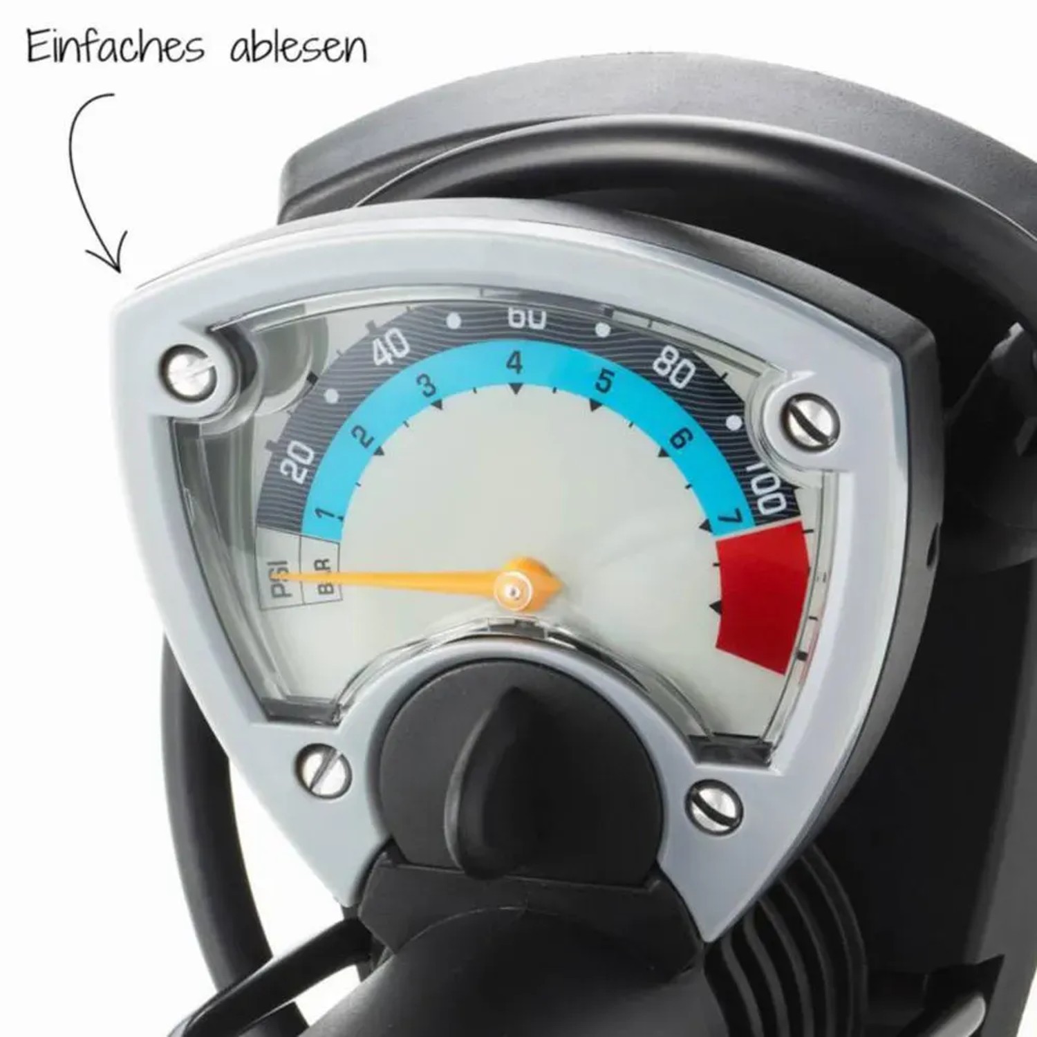 Detailaufnahme des Manometers der Fischer Fuß-Standpumpe, Anzeige in Bar und PSI.