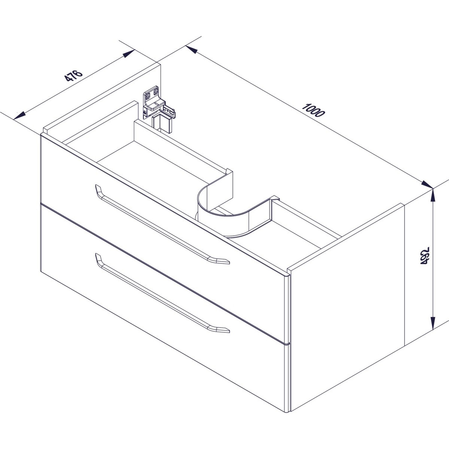 Technische Zeichnung: Fackelmann Waschbeckenunterschrank Milano Asteiche, 100 cm breit, mit Schubladen und Maßen.