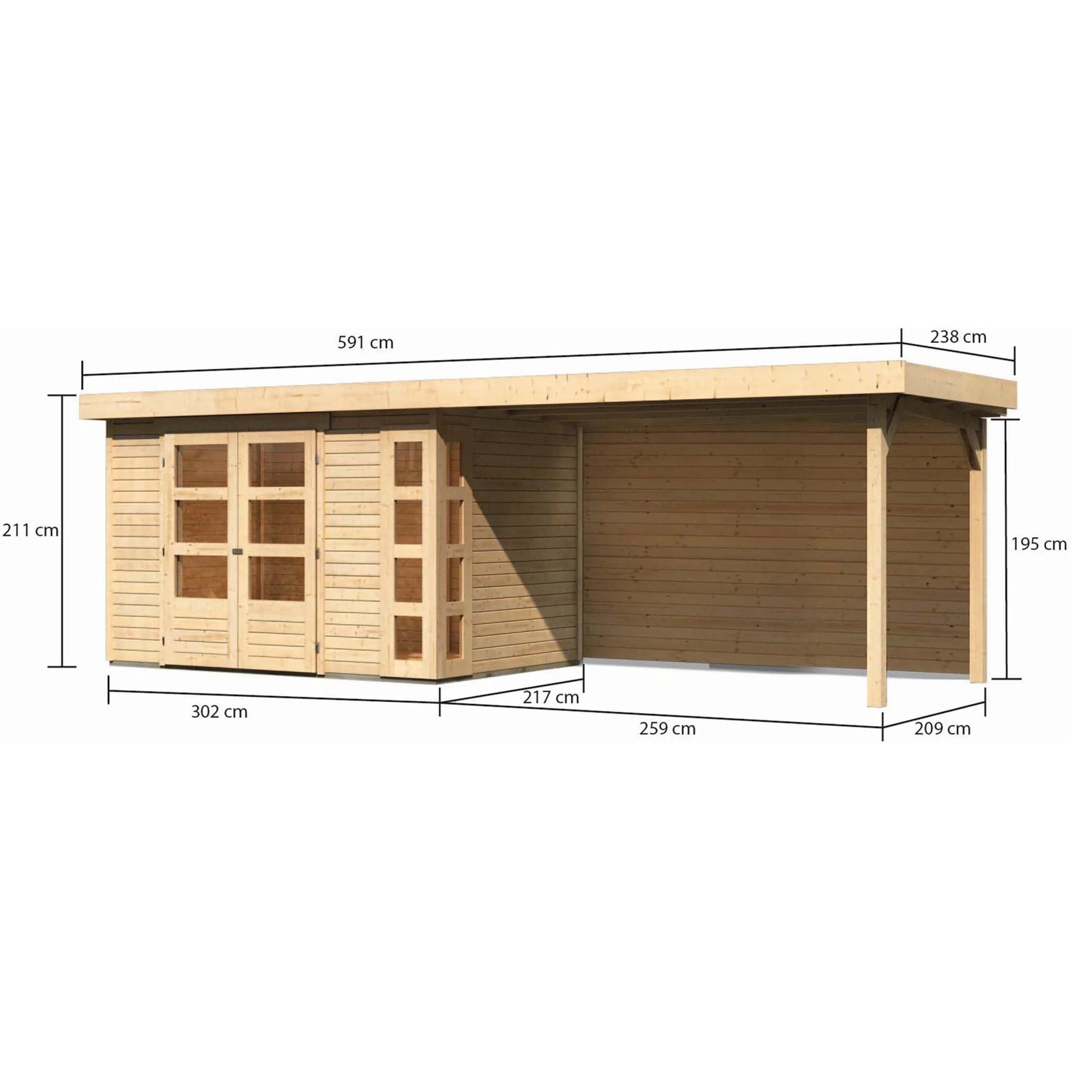 Karibu Holz-Gartenhaus Sölve Natur mit Flachdach und Anbau, unbehandelt, Maße: 298x213 cm.