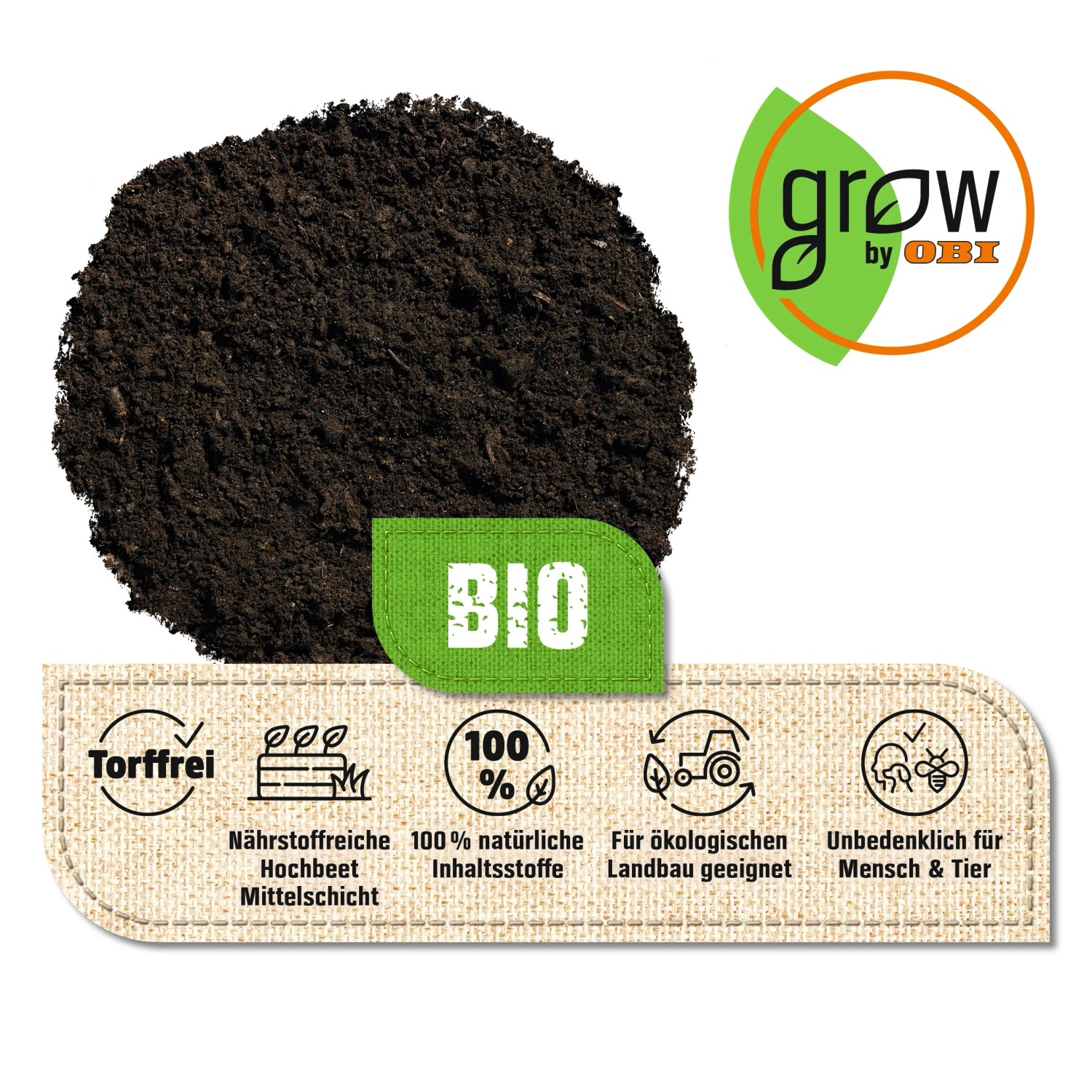 Bio Hochbeetkompost von GROW by OBI, torffrei, 45l Sack. Mittlere Schicht für nährstoffreiche Hochbeete.