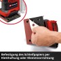 Einhell Akku-Faustschleifer: Schleifpapier wird auf Schleifplatte befestigt.