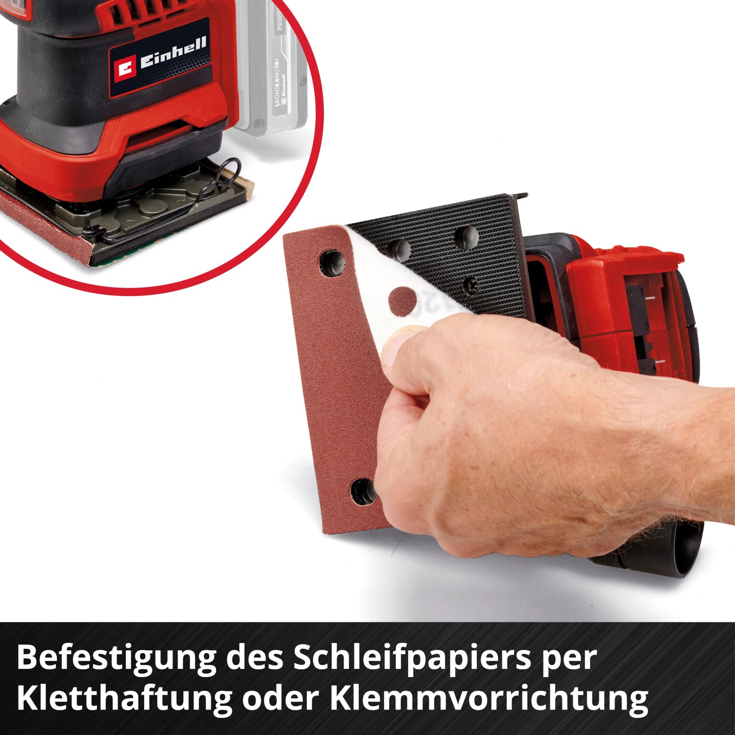 Einhell Akku-Faustschleifer: Schleifpapier wird auf Schleifplatte befestigt.