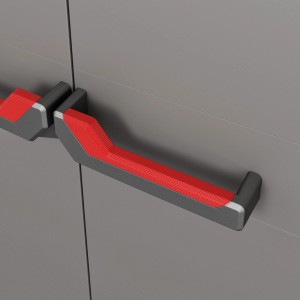 Detailaufnahme: Grau-schwarzer Stilo Kunststoffschrank (2er-Set) mit roten Griffen.