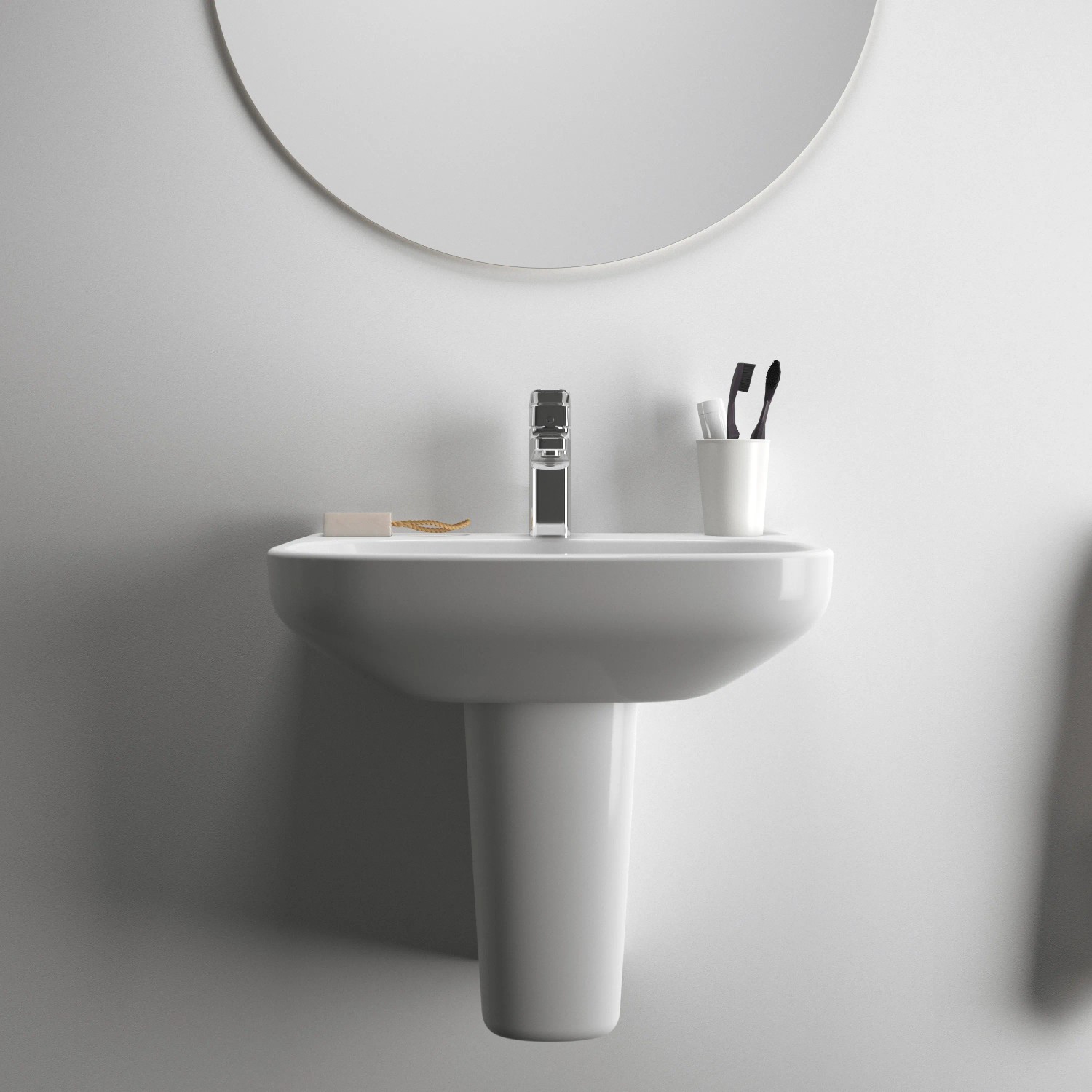 Weißer Ideal Standard i.life A Waschtisch, 50 cm, mit Armatur und Ablage im Badezimmer.