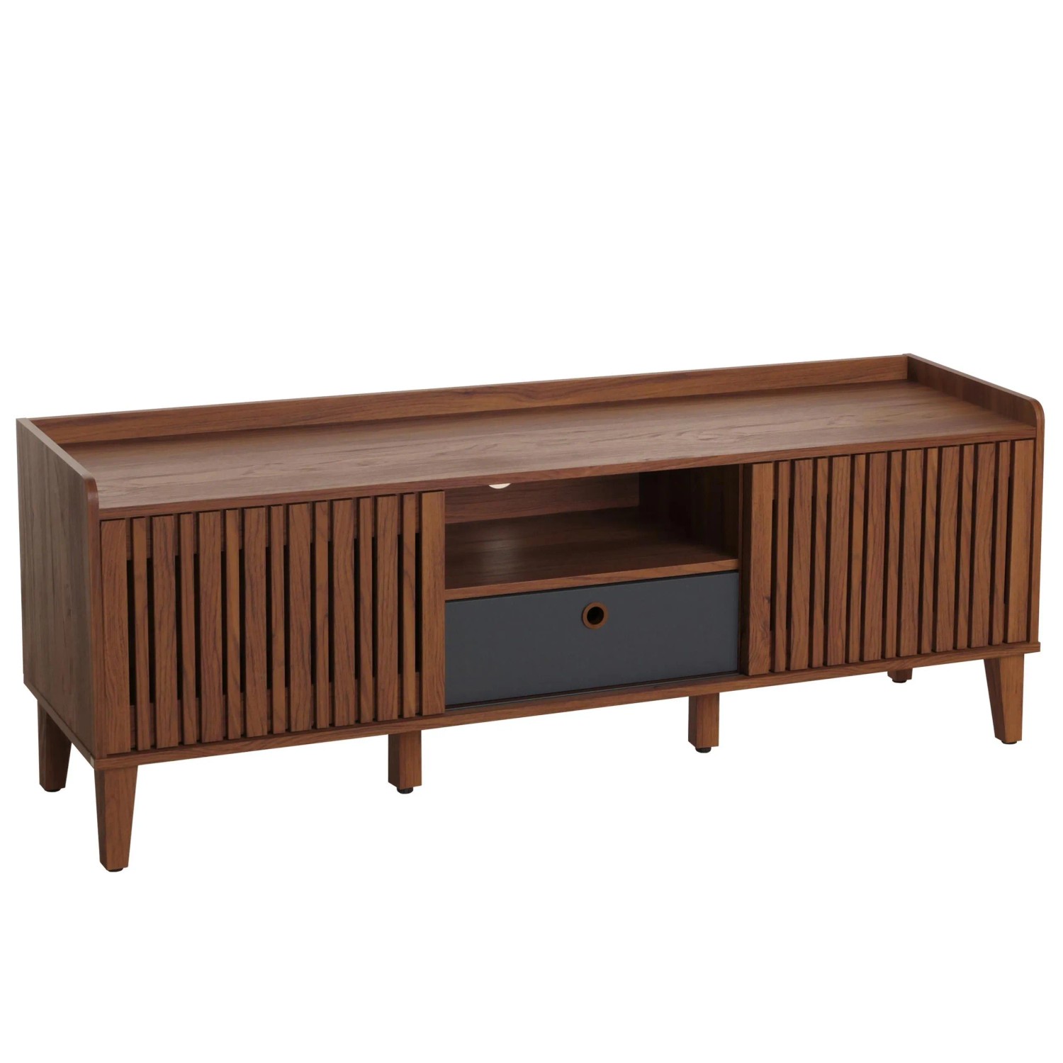 Mcw Tv-Rack M48 Schiebetür 56x150x40cm Walnuss-Optik Schublade Dunkelgrau