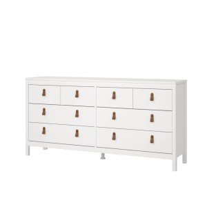 Weiße ebuy24 Madrid Kommode mit 8 Schubladen und braunen Ledergriffen.