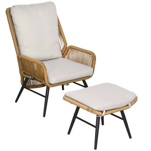 Outsunny Rattan Relaxsessel mit Hocker Polyester 67L x 83B x 94H cm Naturholz
