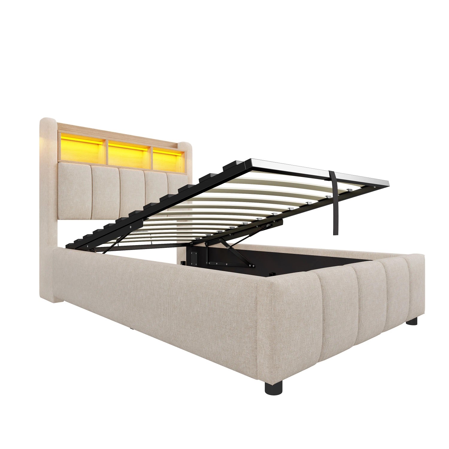 okwish Kinderbett 90x200cm mit LED Beleuchtung und Stauraum Kinderzimmer Beige ohne Matratze