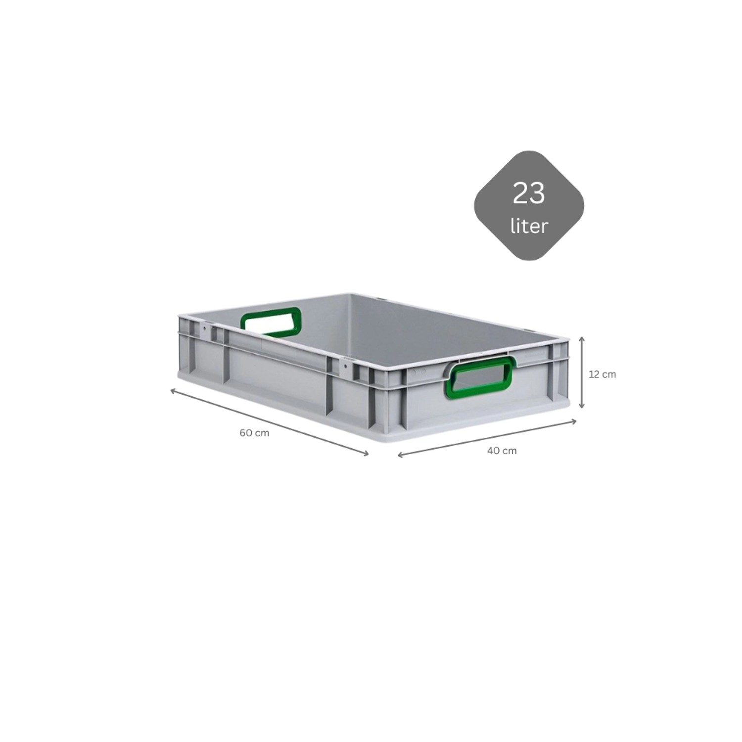 Graue PROREGAL Eurobox mit grünen Griffen, 12x40x60 cm, ideal zur Aufbewahrung.