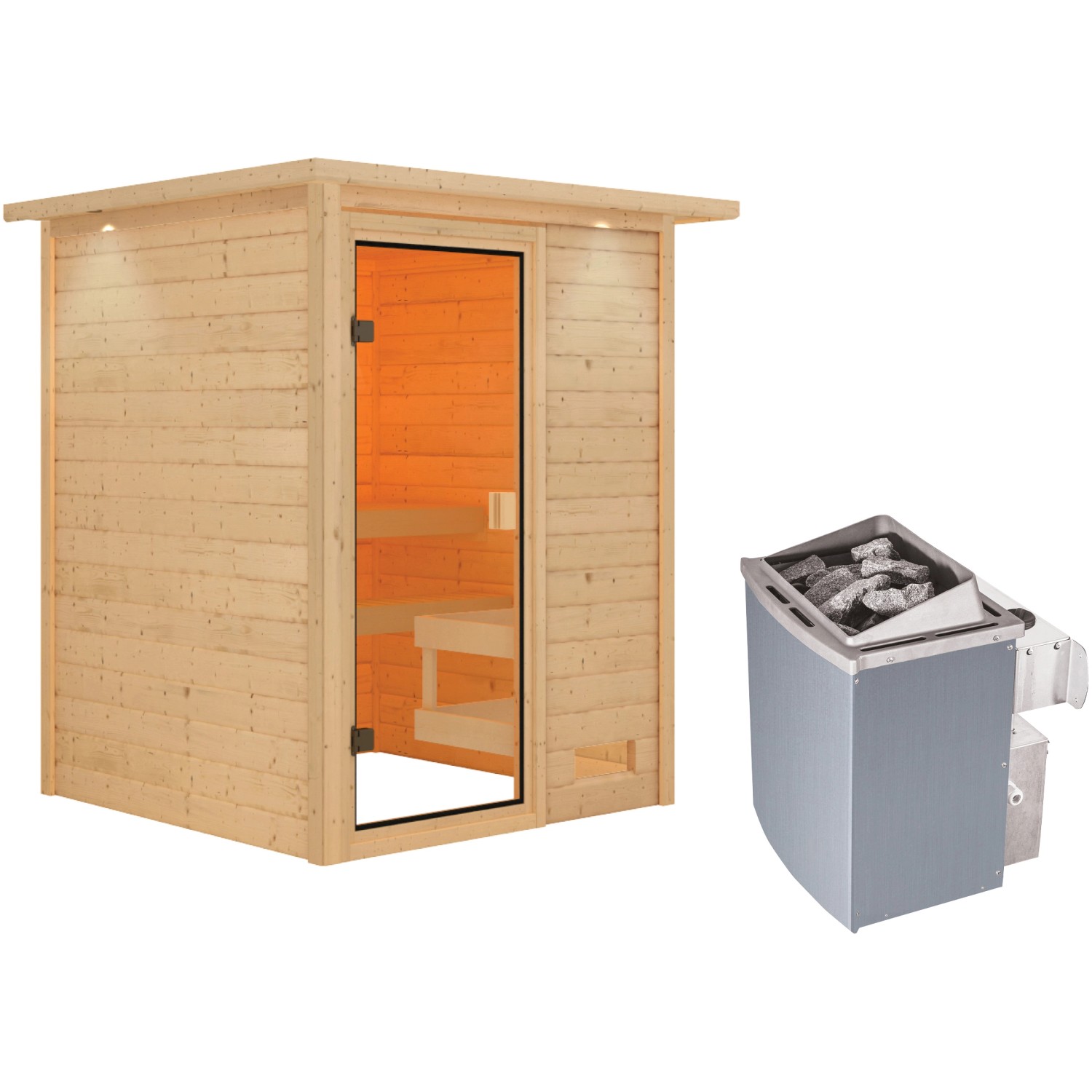 Woodfeeling Sauna Sandra inkl. 9 kW Ofen mit integr. Strg., LED-Dachkranz