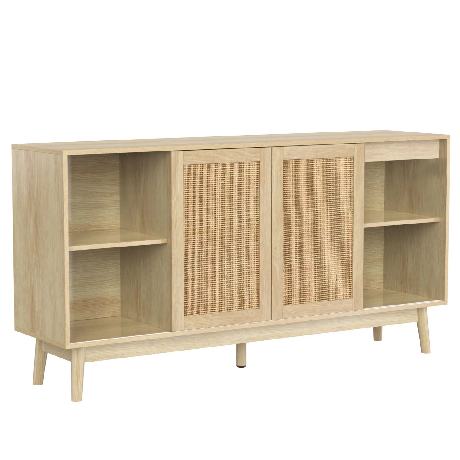 okwish Sideboard mit 3 Schiebetüren 2 Schubladen Wohnzimmer 155x80x38cm Natur
