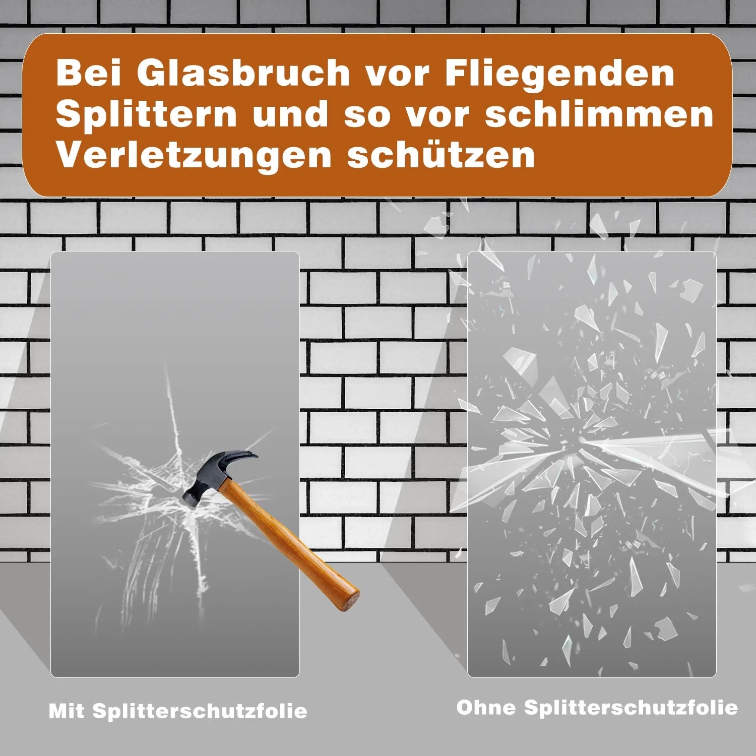 Aica Badspiegel: Vergleich mit/ohne Splitterschutzfolie nach Hammerschlag. Sicherheit im Bad.