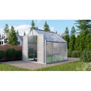 Vitavia Gewächshaus Meridian 2 mit Alu-Rahmen, Hohlkammerplatten und geöffneter Tür im Garten.