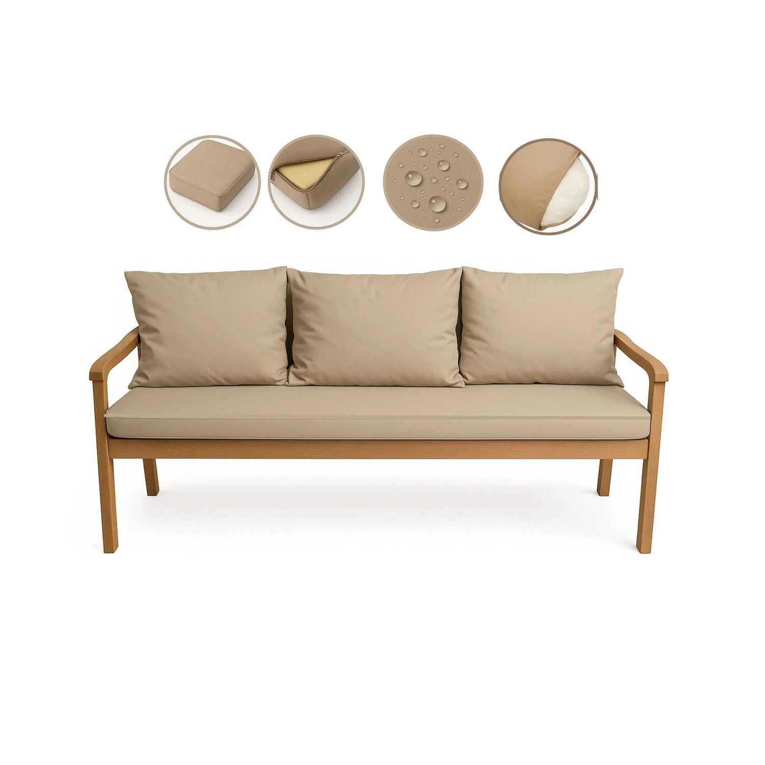 Beiges Setgarden Bankkissen-Set für 3-Sitzer Gartenbank, 160x60 cm + 3 Rückenkissen.