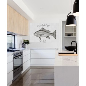 ESTAhome Wandtattoo Fisch Schwarz (145x97cm) in moderner Küche.