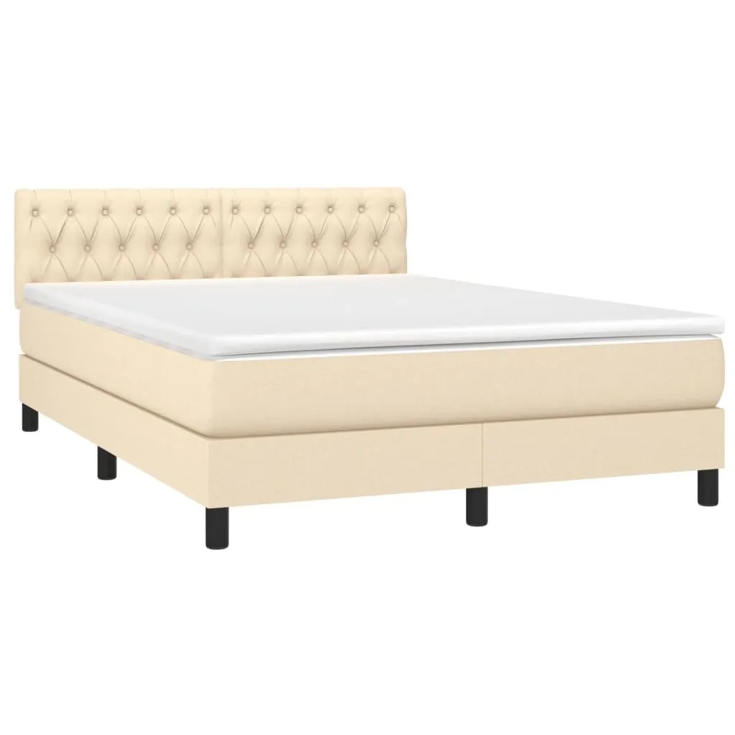 Cremefarbenes Boxspringbett 140x190 cm mit Stoffbezug, Matratze und Kopfteil. Gemütliches Bett für erholsamen Schlaf.
