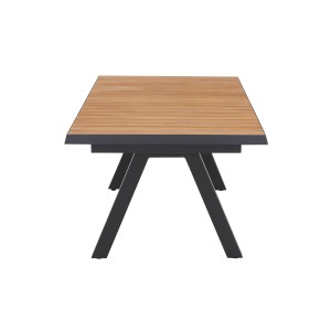 Rechteckiger, ausziehbarer Siena Garden Gartentisch Tirana aus Teakholz mit schwarzem Aluminiumgestell.