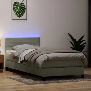 Hellgraues vidaXL Boxspringbett (90x220) mit Matratze und LED-Beleuchtung.