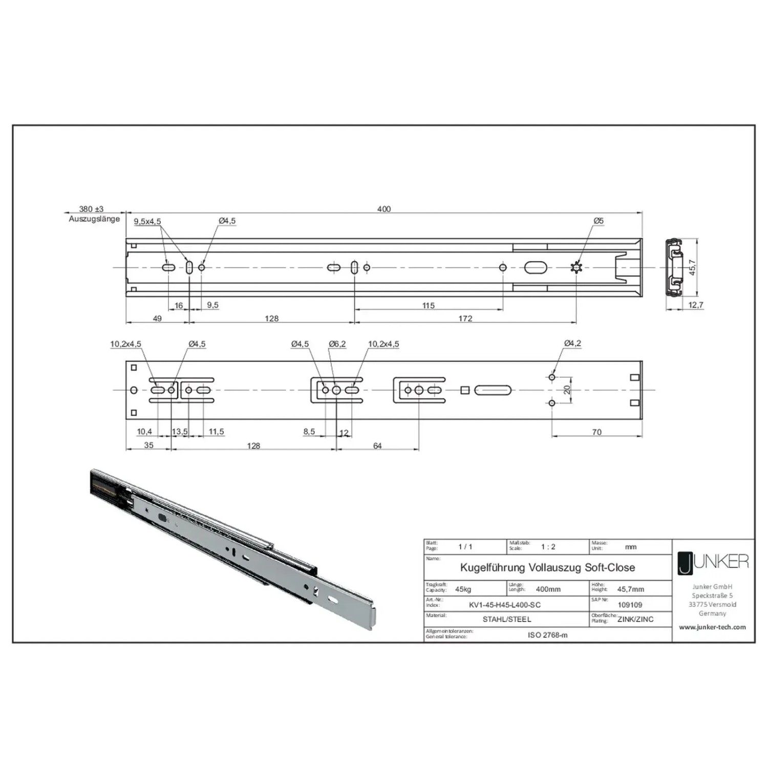 Techn. Zeichnung SOTECH Vollauszug 45 kg, 400 mm, Soft Close. Maße und Metall-Schubladenschiene für Schubkästen.