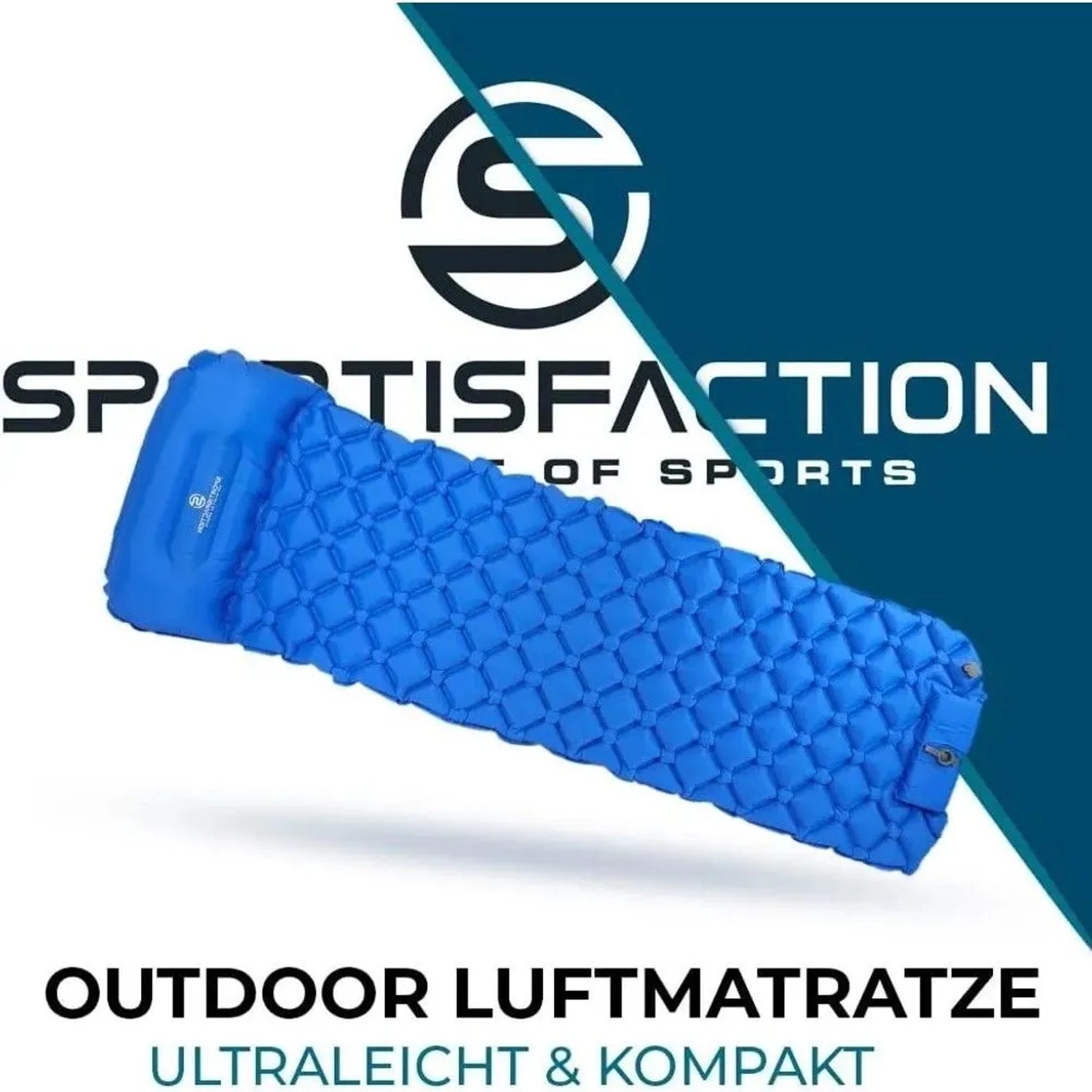 Blaue Sportisfaction Ultraleicht Isomatte 190x58x5cm mit Wabenstruktur und integrierter Luftpumpe für Camping.