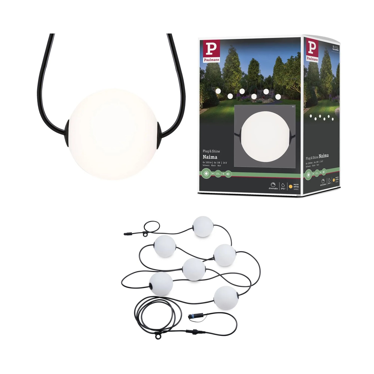 Paulmann LED-Lichterkette Naima Basisset mit 6 weißen Lichtkugeln und schwarzem Kabel, ideal für Außenbereiche.