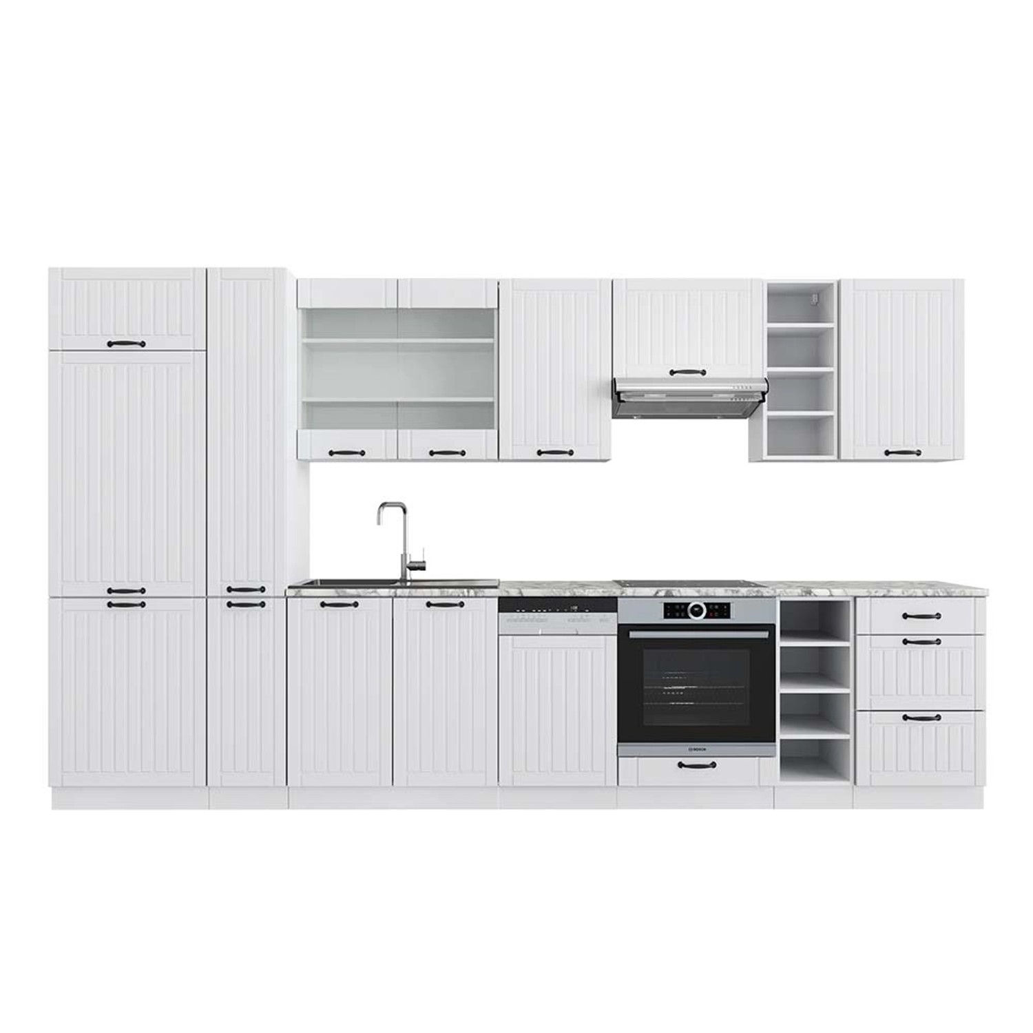 Vicco Fame-Line Küchenzeile Weiß Landhaus/Weiß 355 cm AP Marmor günstig online kaufen