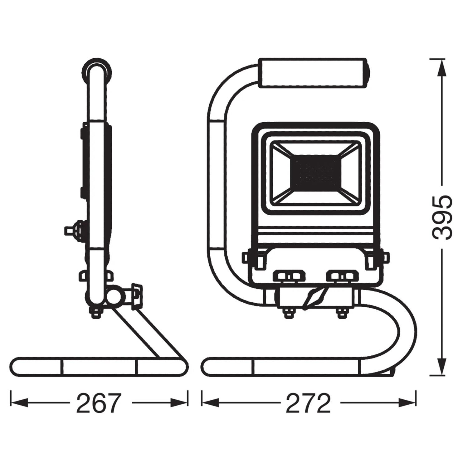 Technische Zeichnung: Osram LED-Arbeitslicht S-Stand 50W, Maße 27,2x26,7x39,5cm, dunkelgrau.