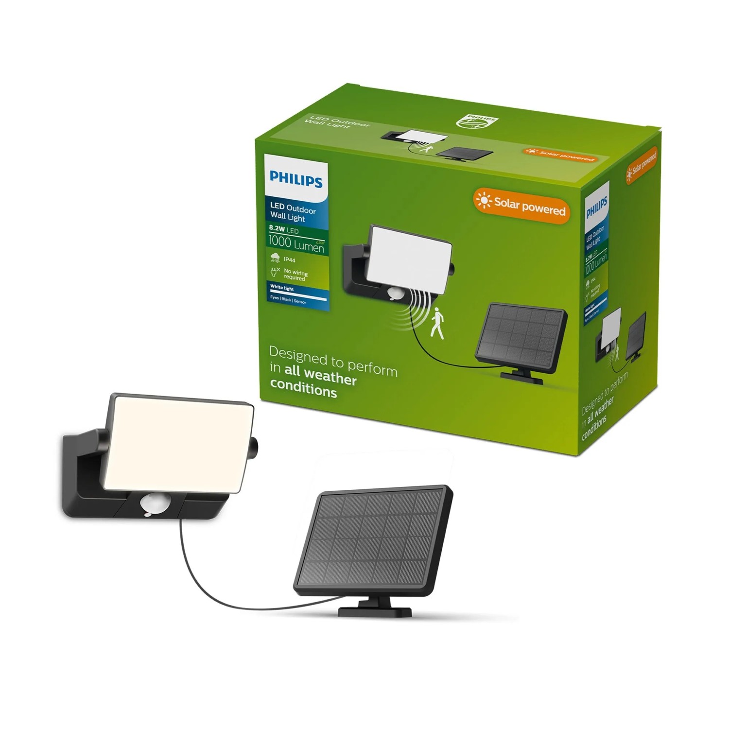 Philips Solar-LED-Wandleuchte Fyns, schwarz, mit Bewegungssensor und Solarpanel für den Außenbereich.