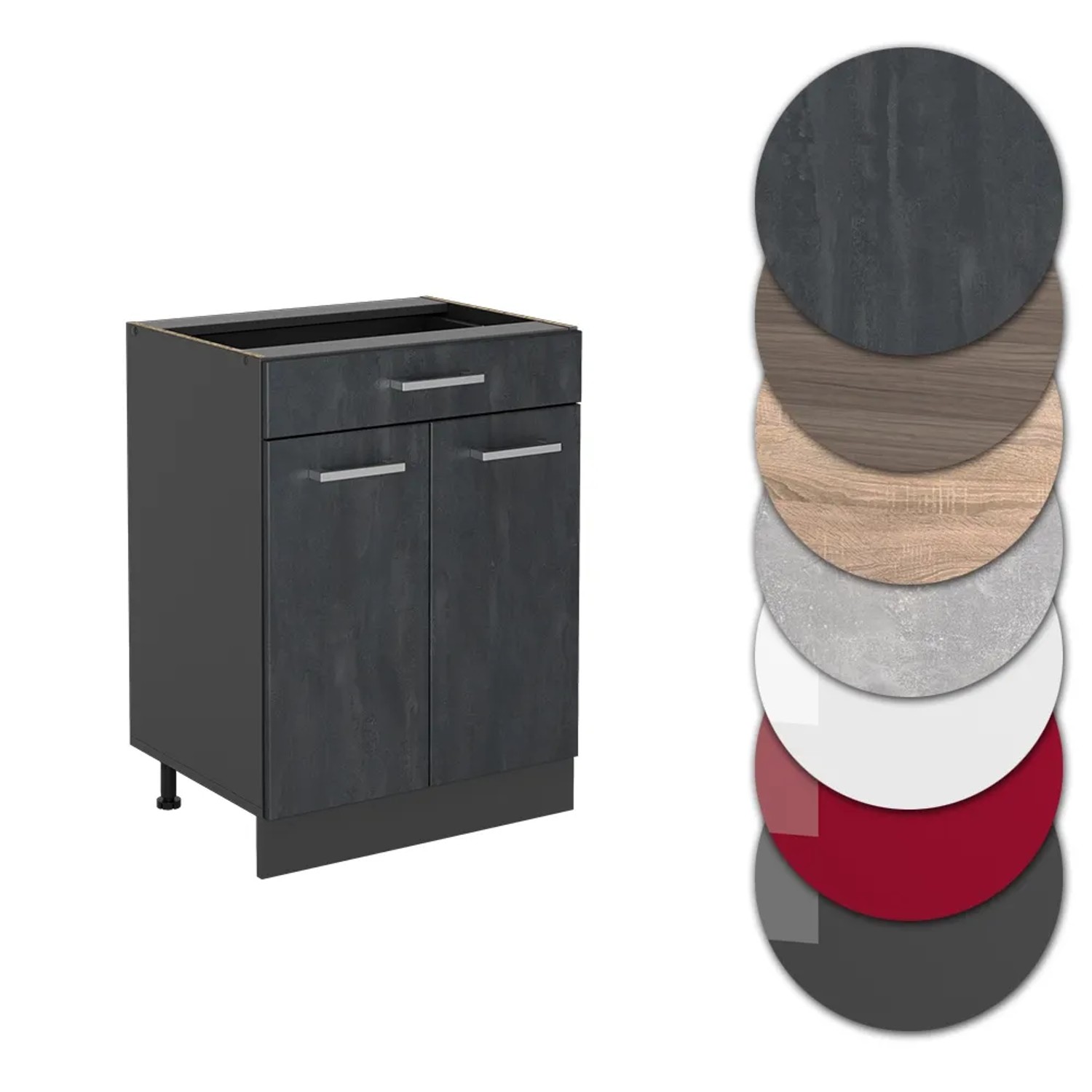 Vicco Küchenunterschrank R-Line, 80 cm, Schwarz Beton/Anthrazit mit Arbeitsplatte Eiche Dekor.