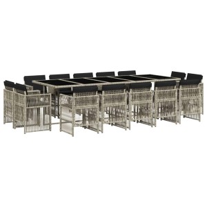 vidaXL Garten-Essgruppe, 15-teilig, hellgraues Rattan, mit Tisch, 14 Stühlen und anthrazitfarbenen Kissen.