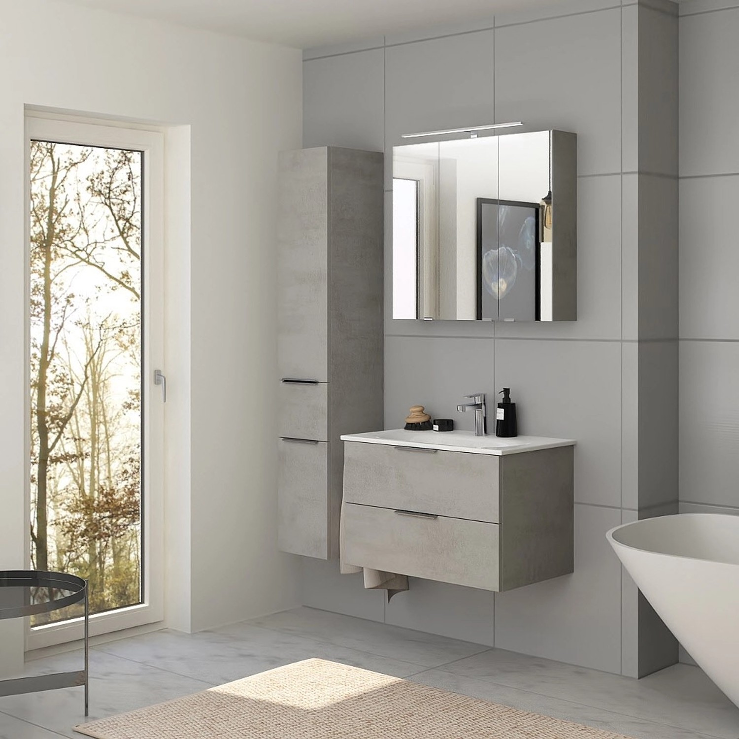 Steinkamp Waschtischunterschrank Living 2.0 mit GROHE Essence Waschtisch, oxid hellgrau, 80 cm breit.