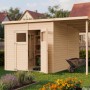 Bertilo Elementgartenhaus Amrum 4 Plus XL aus Holz mit Unterstand im Garten.