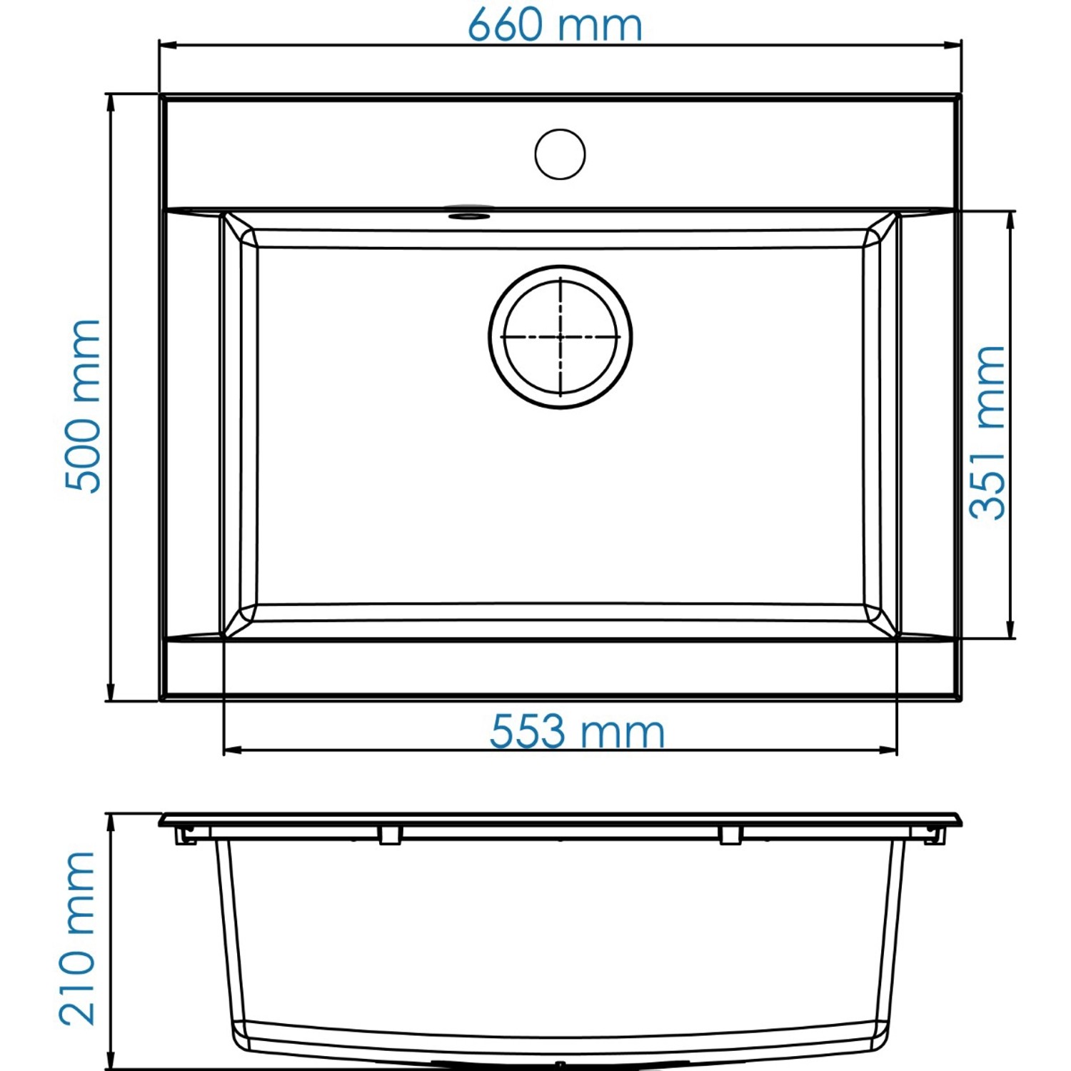Technische Zeichnung der Respekta Einbauspüle Mineralite Ohio, 66x50 cm, in Betongrau mit Maßangaben.