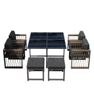 okwish Gartenmöbel Lounge mit Tisch aus Gehärtetem Glas und Handläufe aus Kunststoff und Holz Schwarz