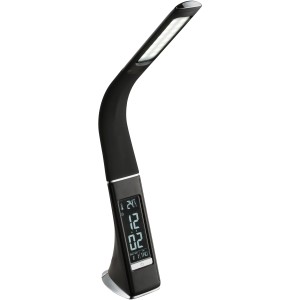 Schwarze LED-Tischleuchte Sophie mit Display für Uhrzeit, Kalender und Temperatur.