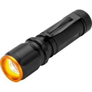 Schwarze LED Taschenlampe mit Clip und orangenem Rand.