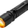 Schwarze LED Taschenlampe mit Clip und orangenem Rand.