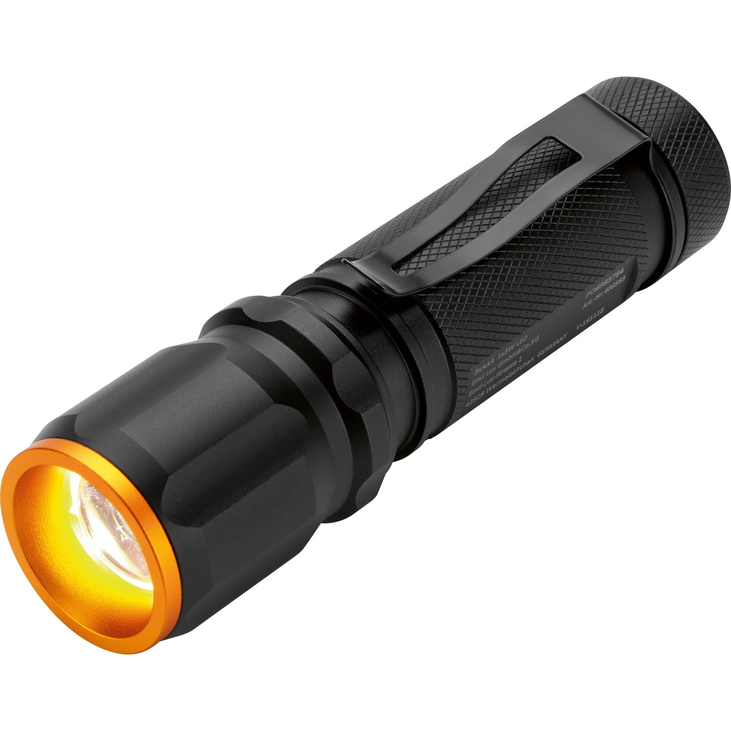 Schwarze LED Taschenlampe mit Clip und orangenem Rand.