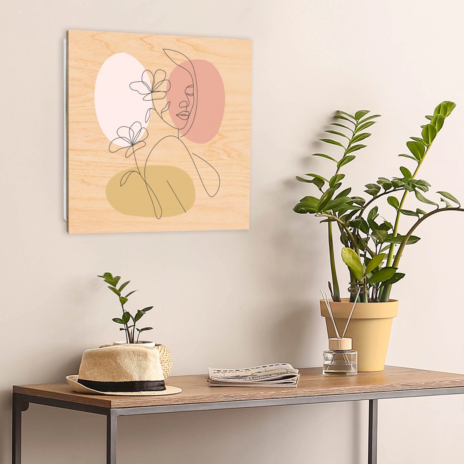 Banjado Schlüsselbox mit elegantem Linienblüten-Motiv auf Holzfront, weißer Kasten mit 50 Haken.