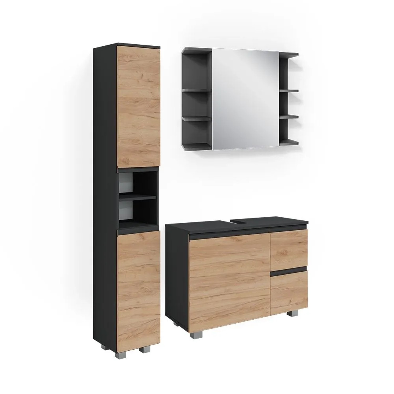 Vicco Badmöbel-Set J-Shape Anthrazit/Goldkraft Eiche 80 x 61 3-teilig