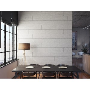 Wandfliese Living bianco Creme matt, 25x75 cm, an einer Wand im Esszimmer.