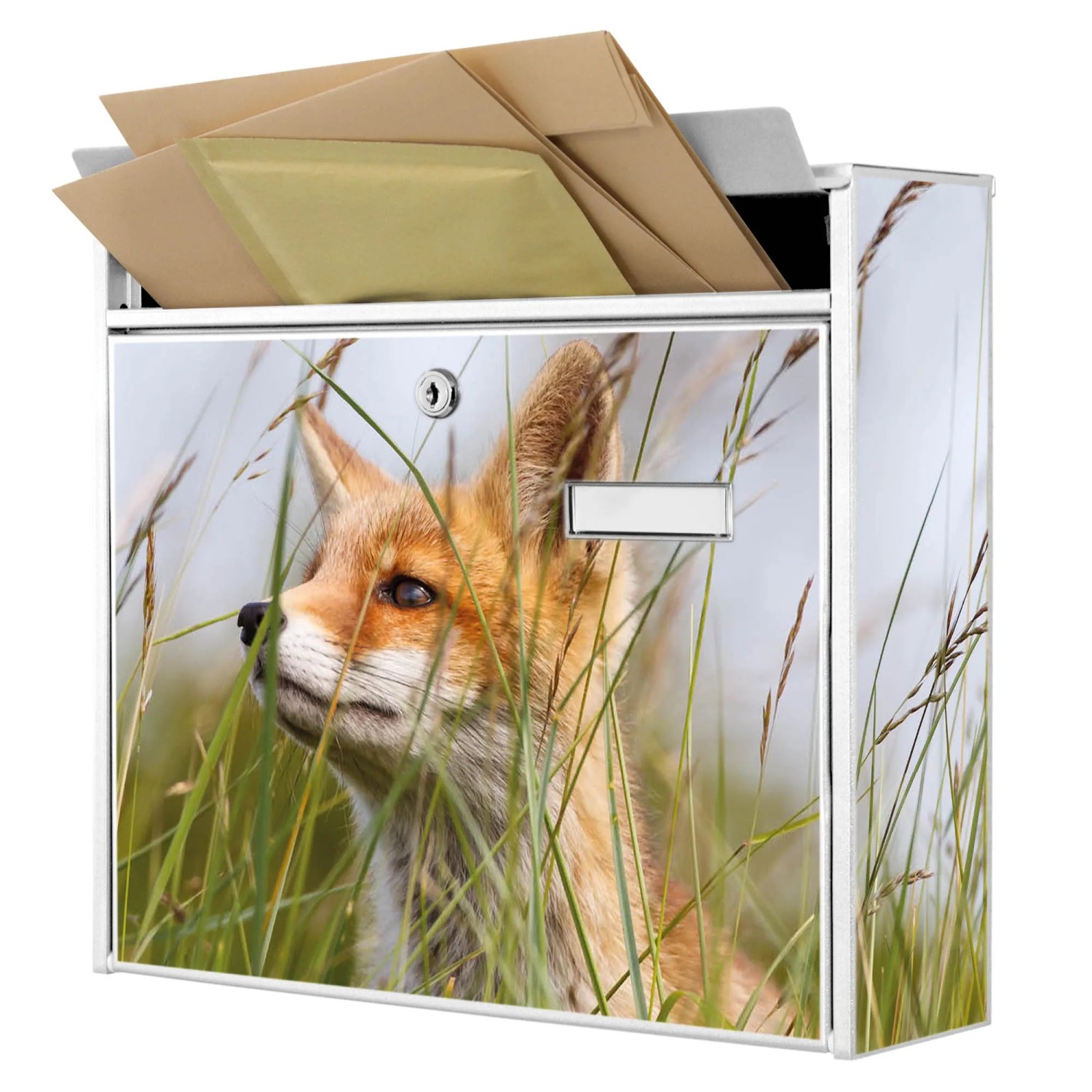 Weißer Banjado Briefkasten mit Fuchs Motiv, inkl. Montagematerial und Schlüsseln. Ideal für A4 Sendungen.