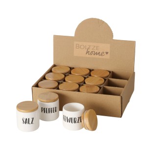 Boltze Vorratsdosen, 3er Set, weiße Gewürzdosen mit Bambusdeckel im Display.