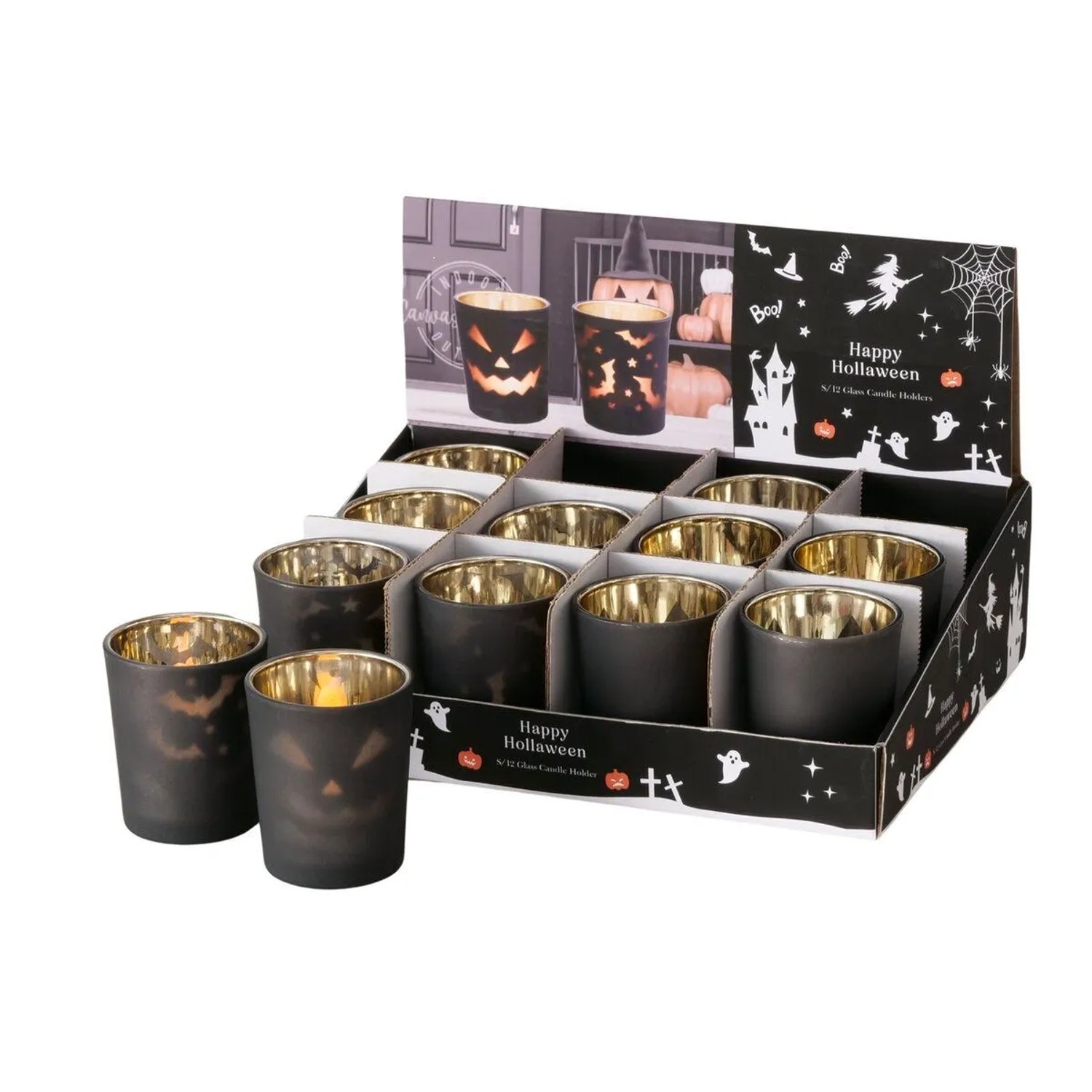 Boltze Teelichter Halloweeny Ø 5,5 cm x 6,7 cm Schwarz-Gold 2-fach Sortiert