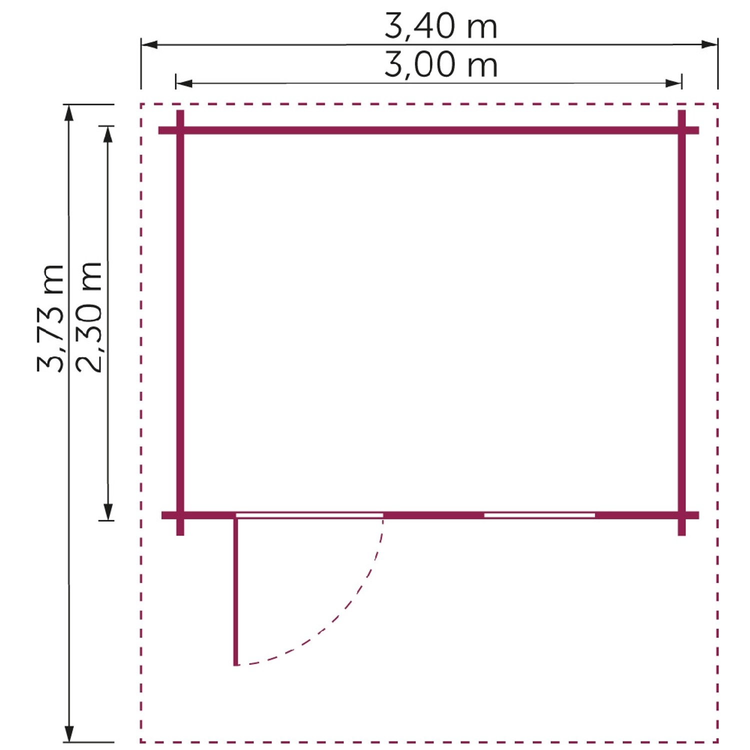 Grundriss Kiehn-Holz Gartenhaus KH 28-016, 300x230 cm, naturbelassen, mit Maßen.