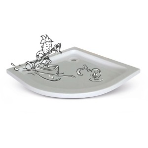 Witzige Darstellung: Weiße baliv Viertelkreis-Duschwanne 90x90 cm mit Comic-Figuren.