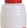 Rundes, transparentes 10 l Kunststofffass von Graf mit rotem Deckel und Auslaufhahn.